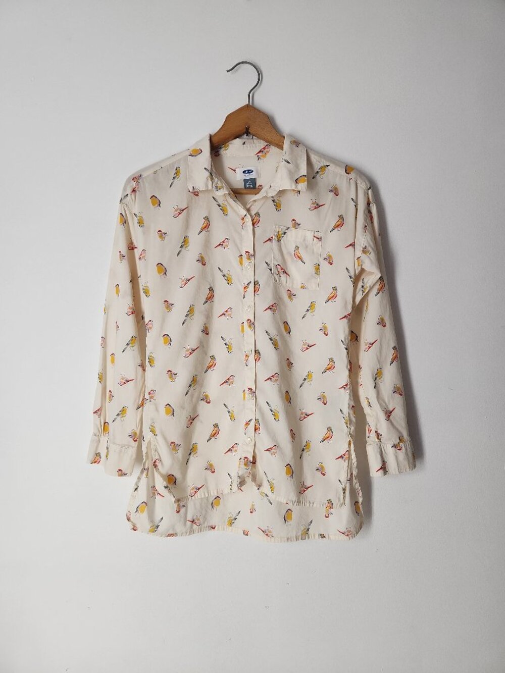Old Navy birds print lightweight button down shirt blouse top girls L 10-12